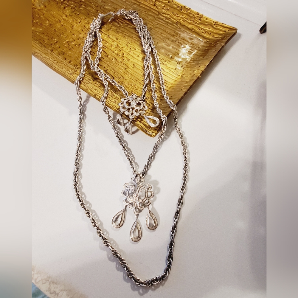 Crown Trifari vintage layered waterfall silver long necklace RARE HTF pendants